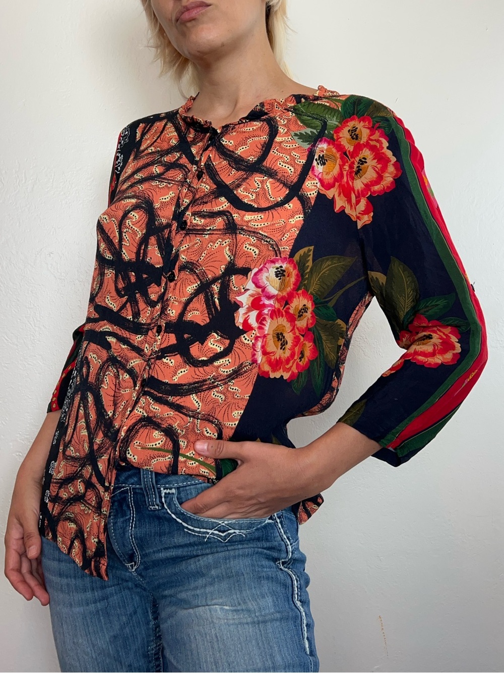 Desigual Mixed-Print Button Front Blouse